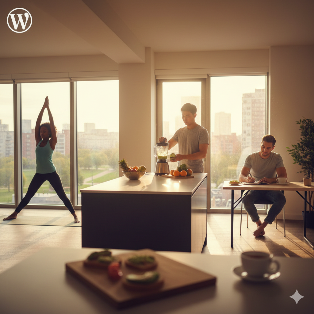 Healthy morning routine with stretching, hydration, journaling, and nutritious breakfast in a bright, calm setting.