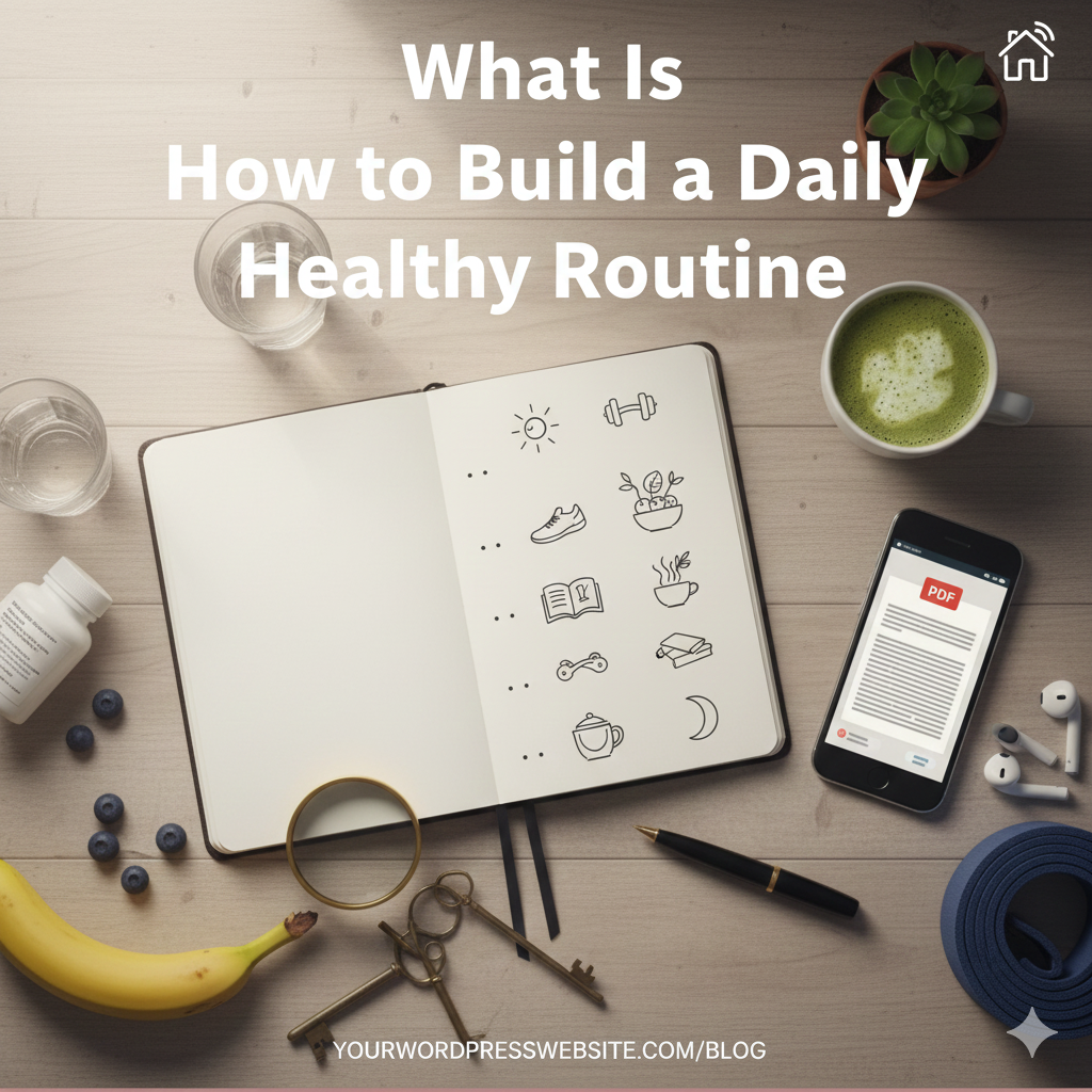 Daily healthy routine with exercise, hydration, journaling, and nutritious breakfast.