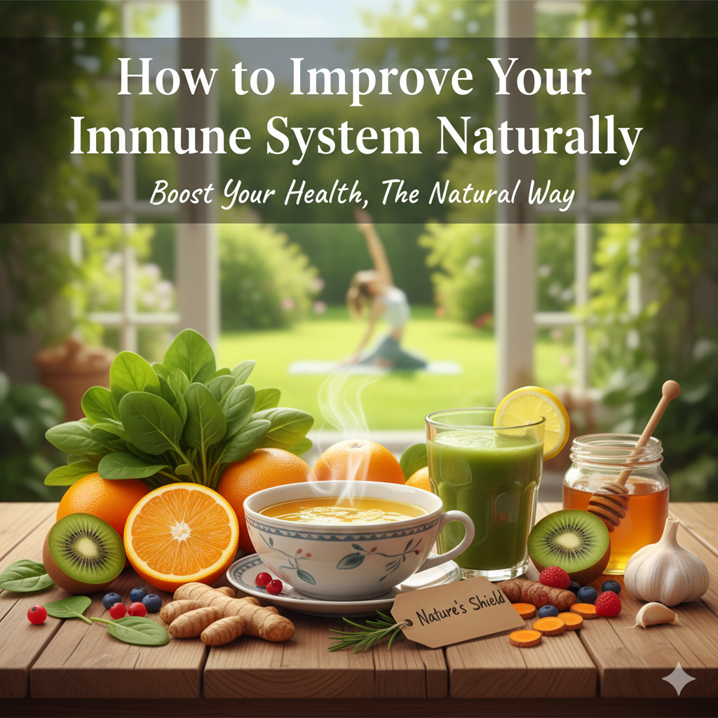 Natural ways to improve immune system with healthy foods, exercise, hydration, and sunlight.